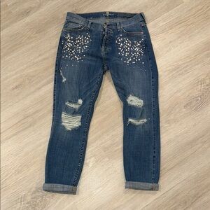 Women's Blue Distressed Jeans with Embellishments